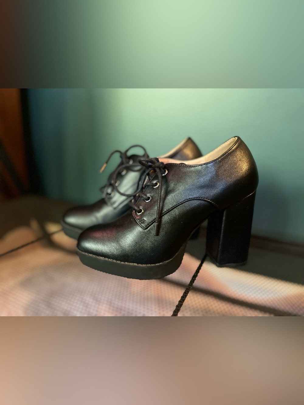 Black Chunky Heel Lace-Up Women's Shoe